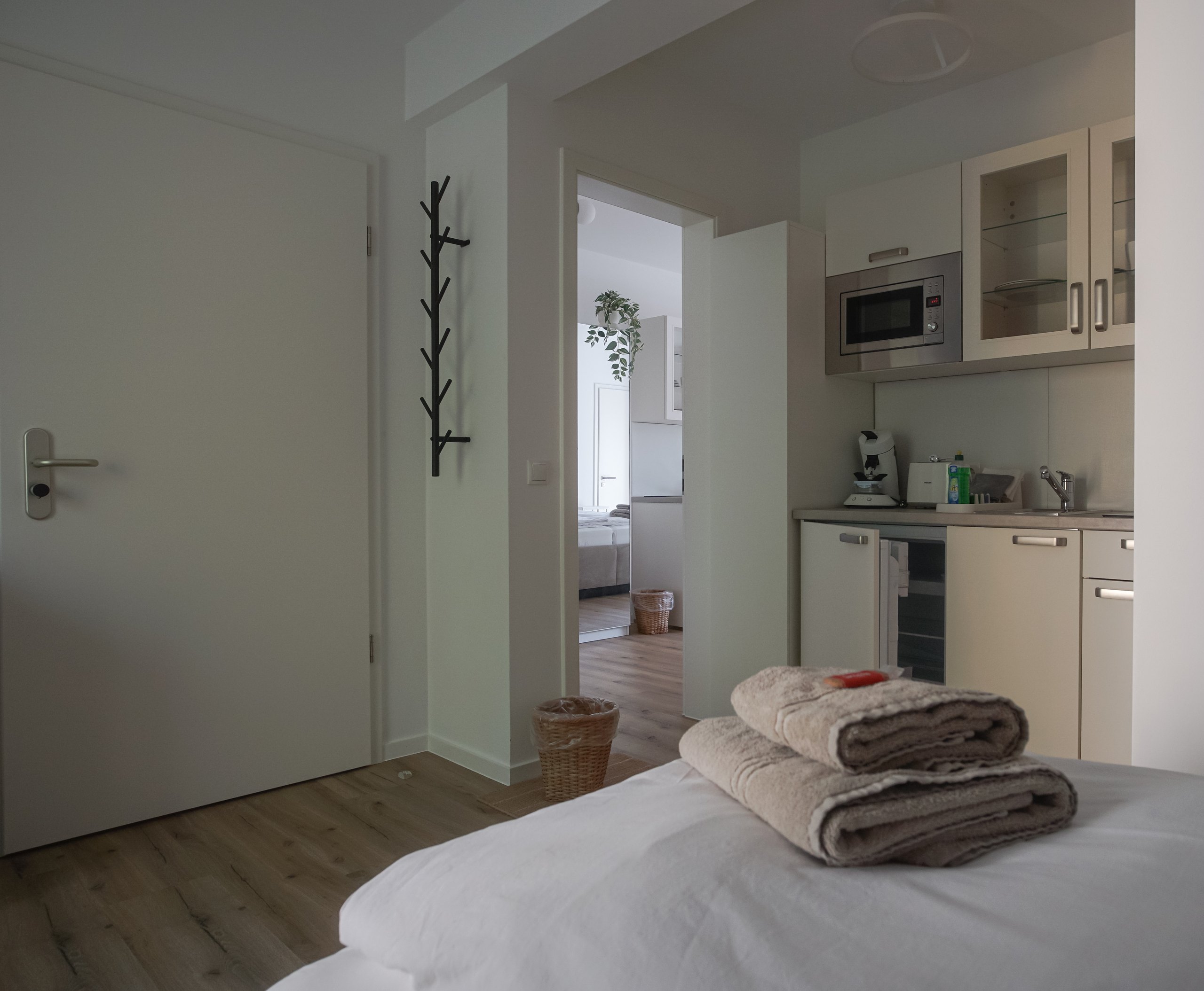 Eingang, Küche, Bett in einer Achse
